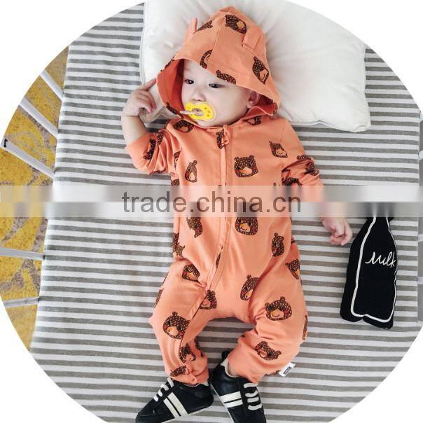 S17711A Baby Autumn Cartoon Bear Pattern Hooded Cotton Romper