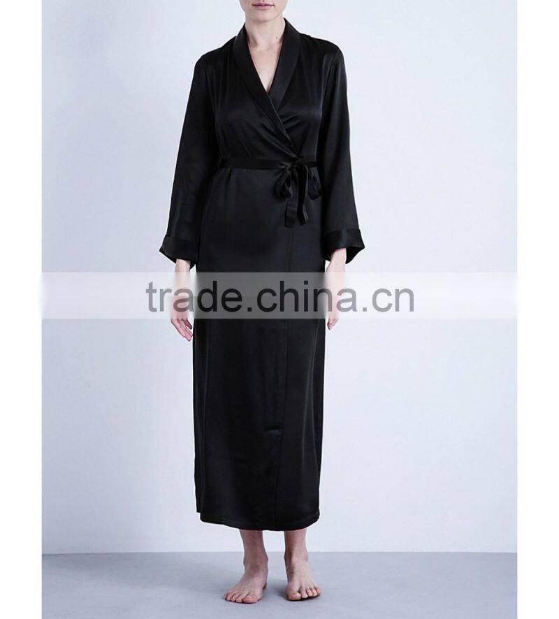 Customize ladies luxury silk full length robe, long sleeve dressing gown, black lapels long length dressing robe
