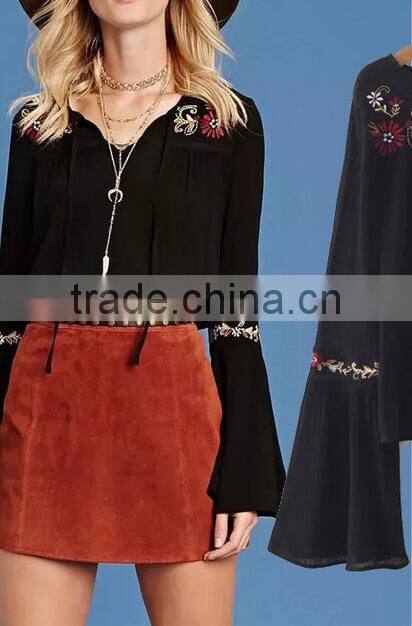 Runwaylover EY2366B Ladies Fashion Flare Sleeve Embroidery Blouse