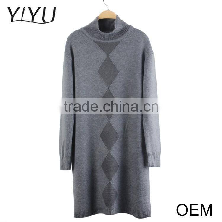 Clearance cheap ladies dark grey diamond jacquard stand collar long pullover sweater