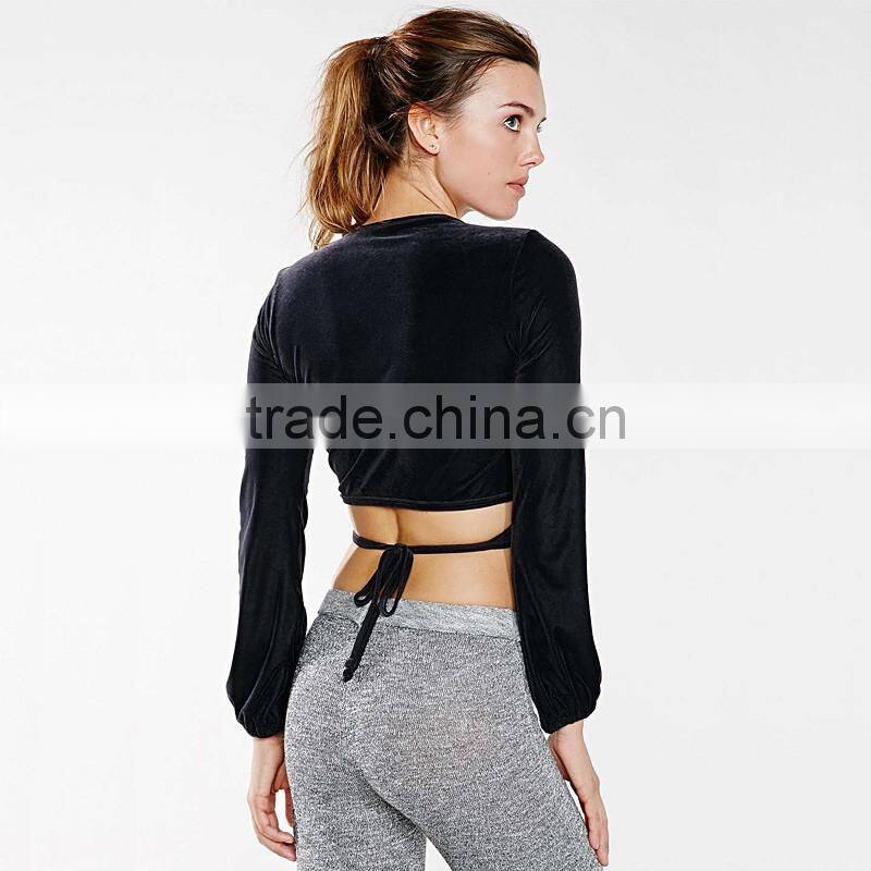 Women's yoga wear long sleeve front cross back lacing t shirt