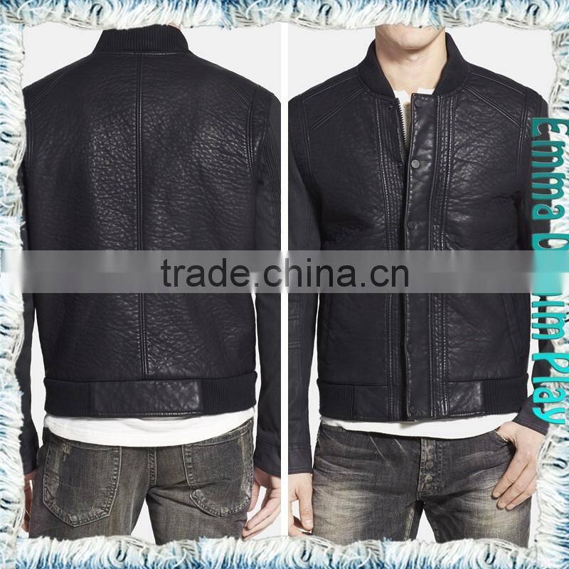 Denim Men Coat Zipper Front PU Leather Long Sleeve Patchwork Jeans Jacket