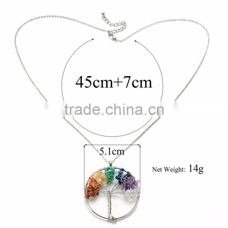 Natural Amethyst Reiki Chakra Tree of Life Crystal Wire Wrapped Pendant Necklace