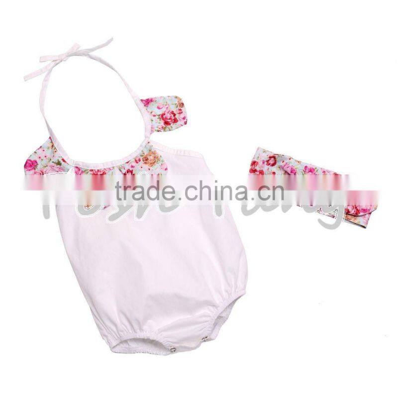 Wholesale Floral print romper hot selling costumes baby romper 100% cotton summer jumpsuit with headband
