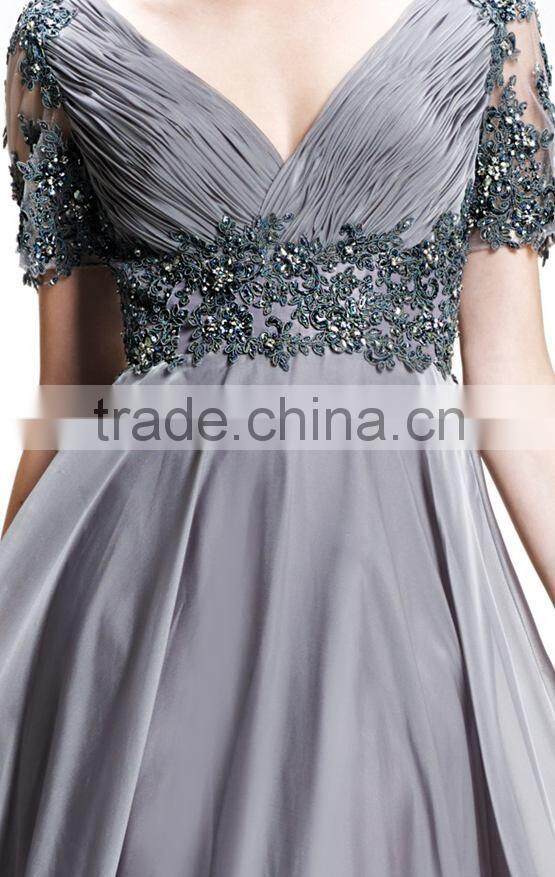 Autumn Style Elegant V-Neck Smooth Lace Short Sleeve Floor Length Evening Gown