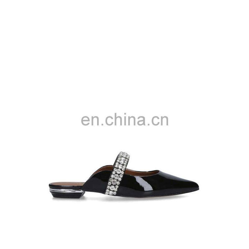 Black latest fancy flats women rhinestones attractive color design ladies flat patent leather handmade sandals shoes