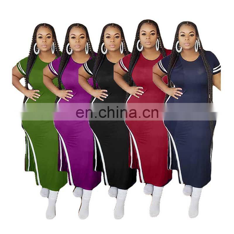custom Plus Size Dress Skirts ladies dresses summer short sleeve Side split maxi solid bodycon dress women plus size clothes