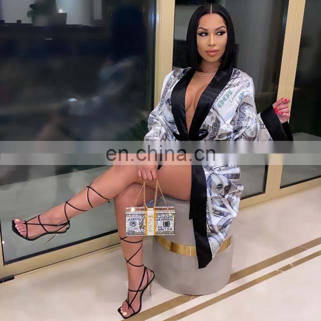 Hot Sell Satin Money Print Silk Robes Women Sexy