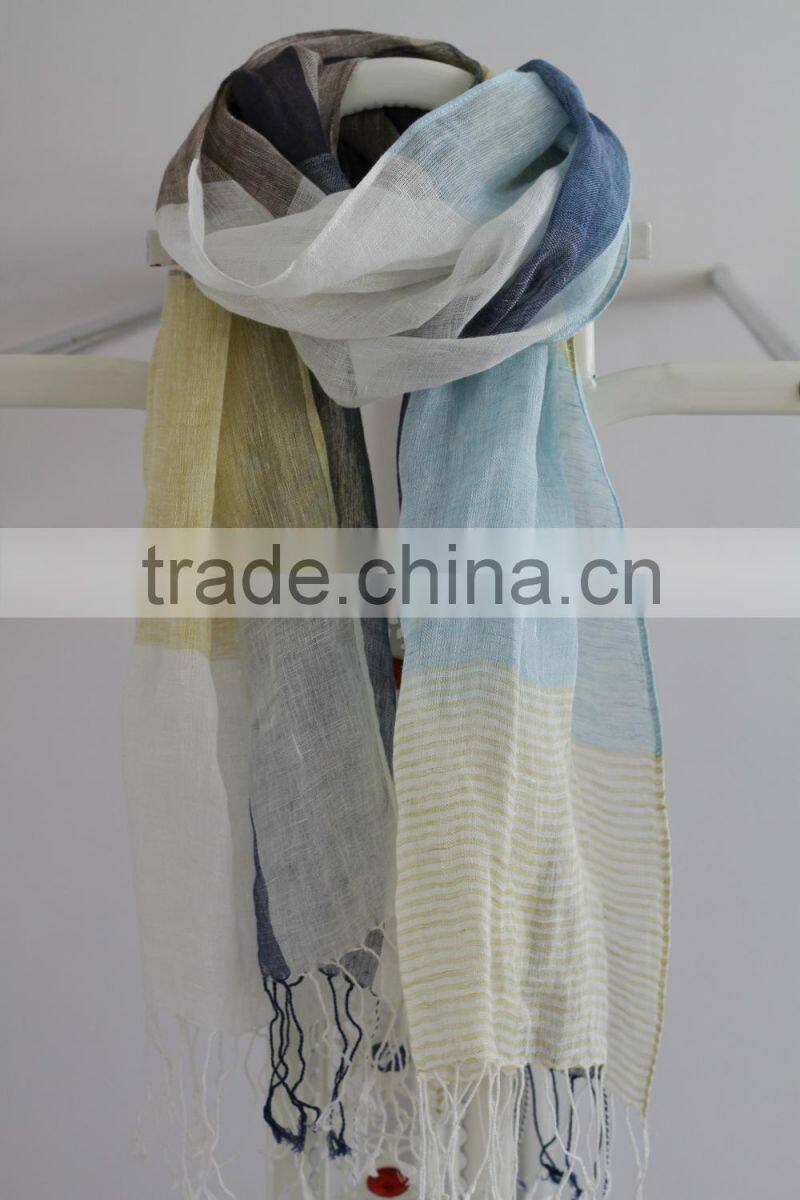Winter Autumn Fashion Checked Plaid Striped Woven Cotton Linen Woman Scarf With Tassel