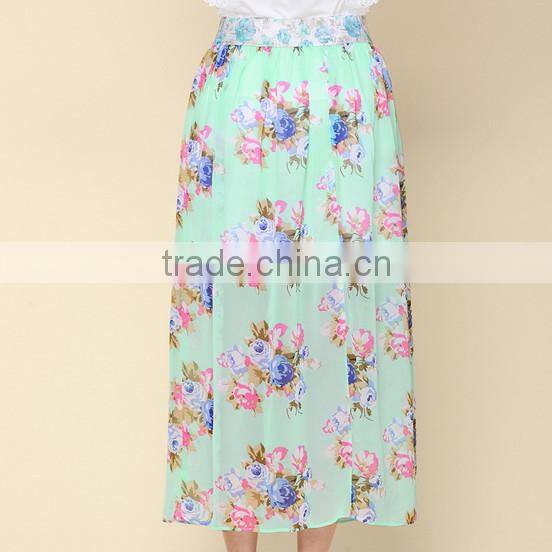 Summer Floral Green Chiffon Business Suit for Women Skirt