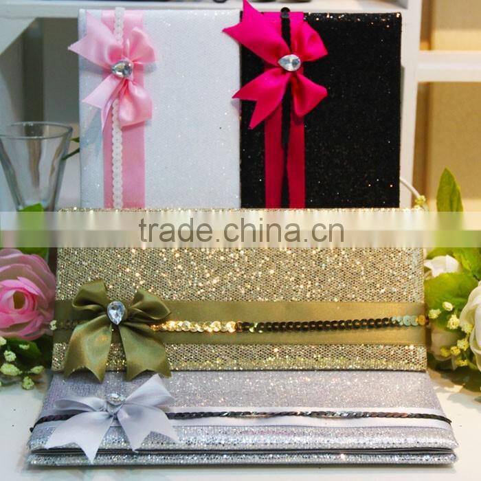 Hot sale attractive golden hardcover folded wedding invitations with paillette ribbons bowkont & crystal decoration
