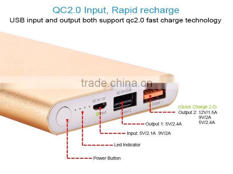 quick charge 2.0 aluminum smart power bank 10000mah