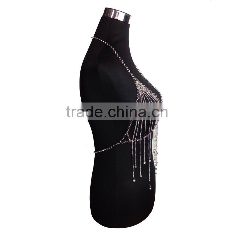 Multi Chain Necklace Long European And American Big Exaggerated Alloy Body Chain Tassel Silver Crystal Necklace