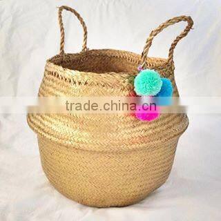 High quality Best selling gold seagrass belly basket with pompoms