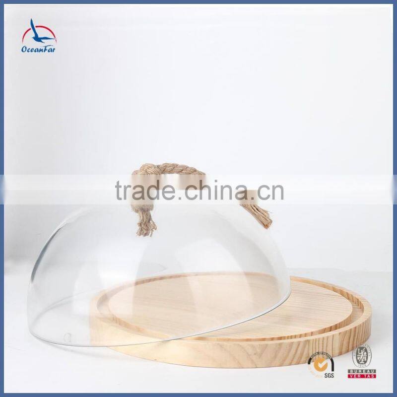 Factory Price Glass Dome Cake Stand Clear Glass Bell Jar With Wooden Base