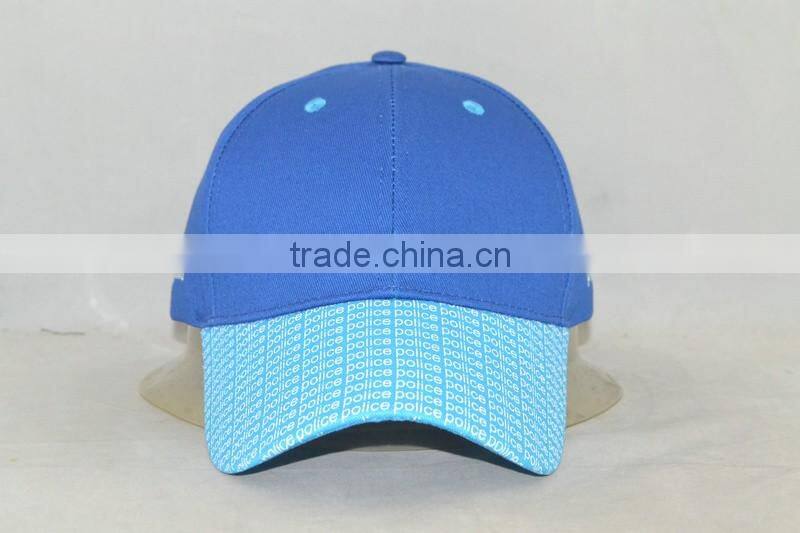 Guangzhou hat factory professional custom 6 panel / 100% cotton/blue/brim printing/baseball cap