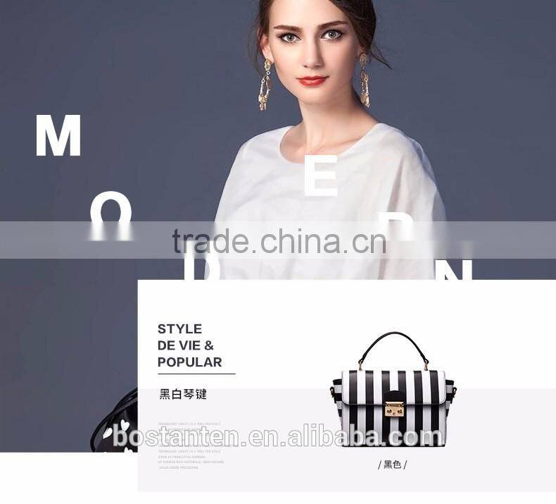 Striped design women handbag leather tote bag lock metal buckle
