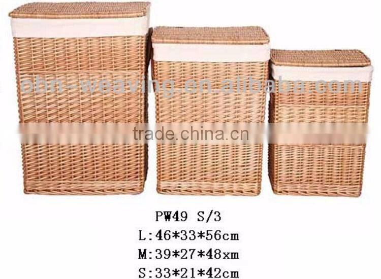 Customized cheap handwoven unique round folding brown wicker laundry basket with cover