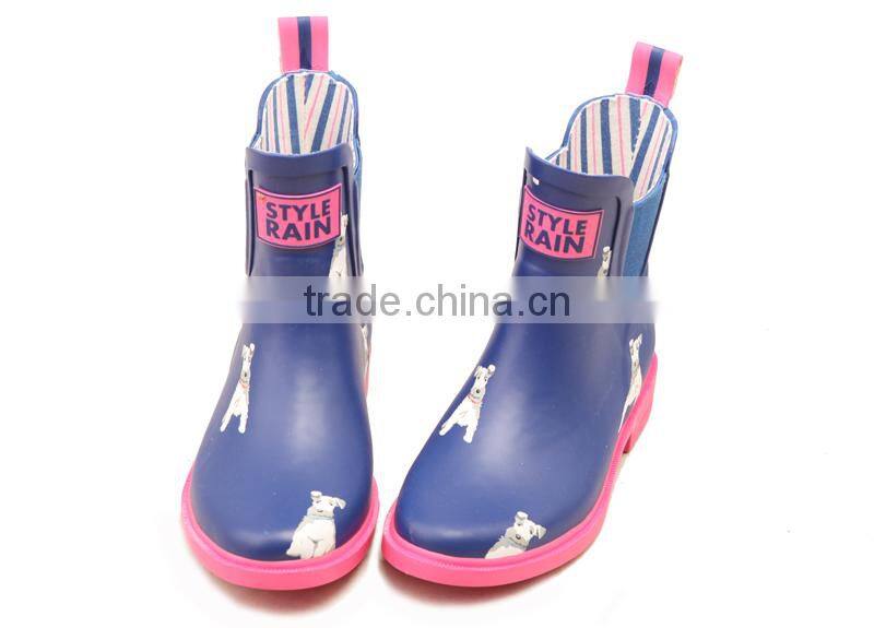 navy upper pink outsole white dog printed lovely fashion design chelsea rubber shoes waterproof wellies low cut ankle rain boots