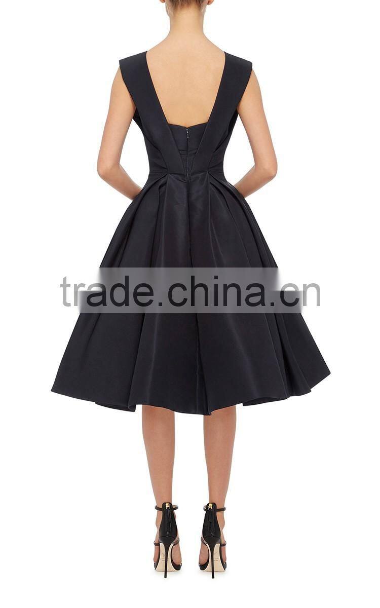 Elegant V-neckline Silk Faille Fabric Cocktail Dress Pleated Flounced Skirt Vintage Dress Evening Party Gown 2016 HSD5744