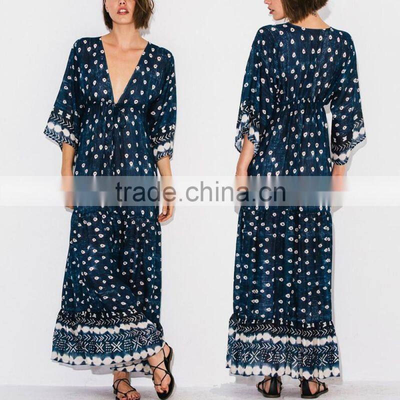 Gorgeous Boho Printed Rayon V Neck Maxi Dress Bohemian Ladies Western Dresses Names HSd5094