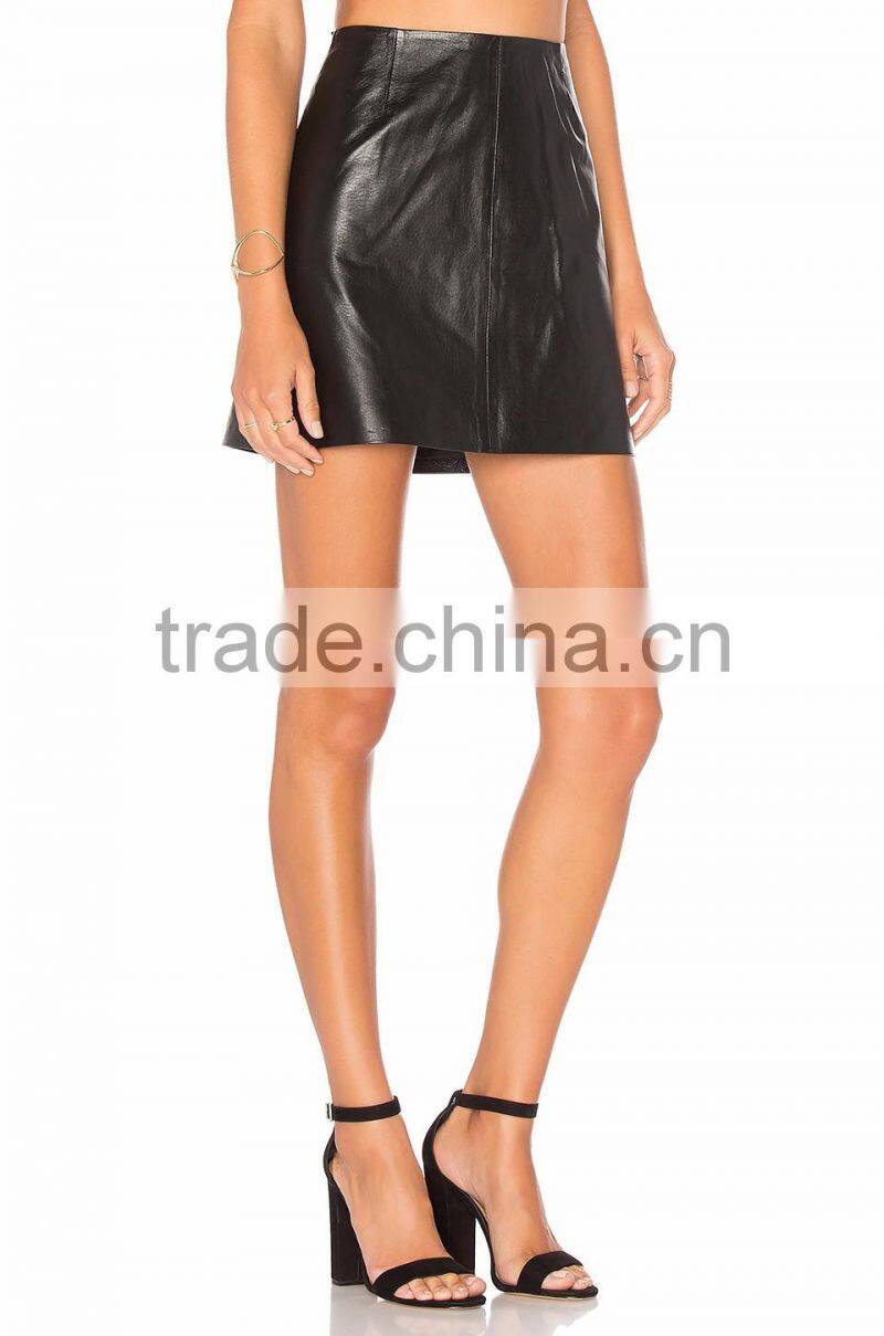 2016 customized manufacture fashionable Wholesale women's plain color high-waist A-line leather ladies skirt