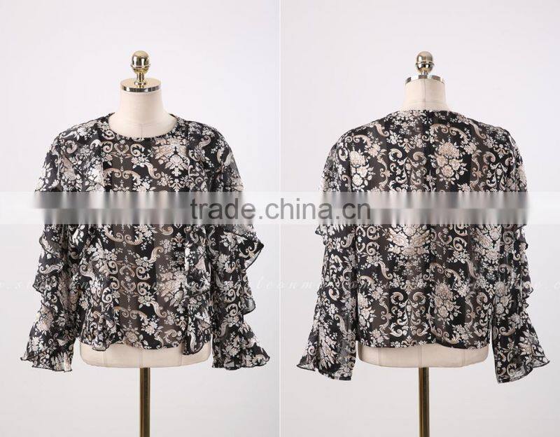 2017 summer print chiffon tunic tops long sleeve womens shirts