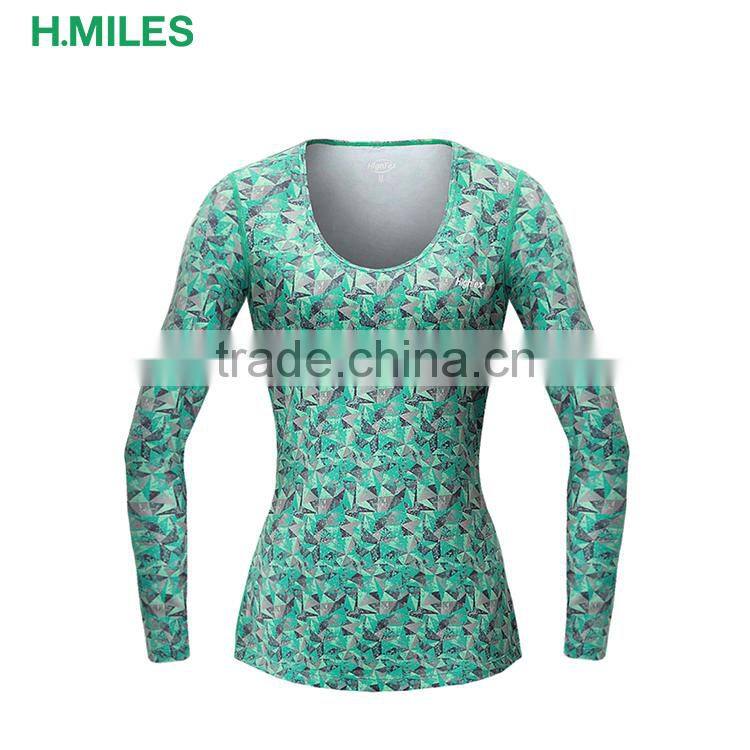 Fully printed women O-neck long sleeve running t shirt