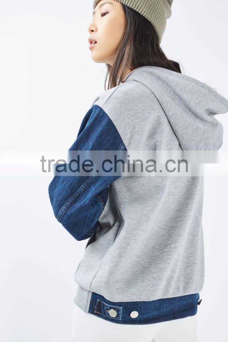 Basic cotton french terry custom contrast distressed denim sleeve girl stylish hoodie