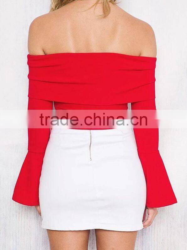 Runwaylover EY2337B 2017 Women Flare Sleeve Fashion Off-Shoulder Knitted Blouse