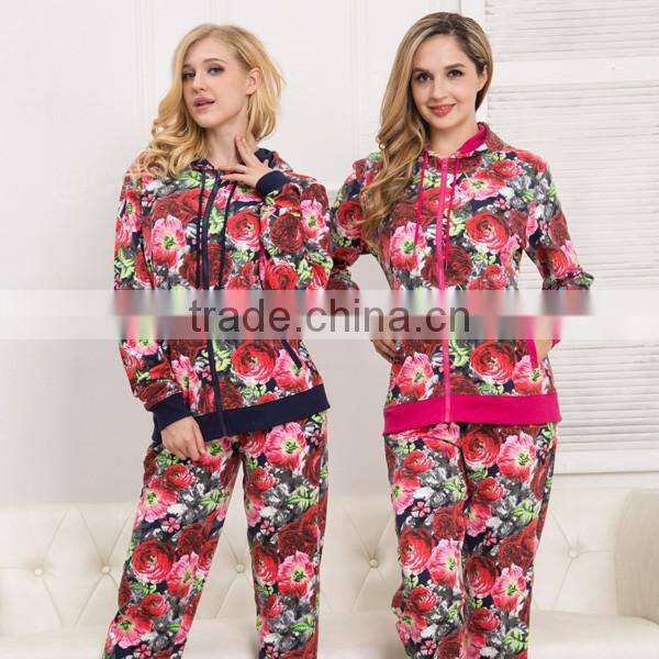 Custom made plus size women pajamas with hood flower printing winter design homewear pajama