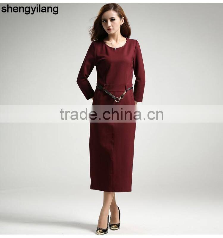 back split simple 3/4 sleeve long dress with belt