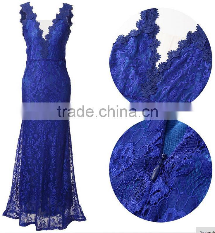Fashion Deep V Neck Backless Maxi Long Dresses Lace Sexy Women Prom Dress for Sale