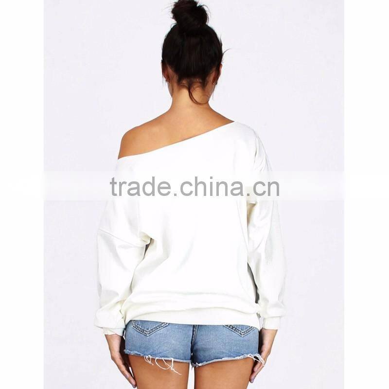 Cheap Ladies Street Wear White Asymmetrical Neck Sweatshirt with Pattern
