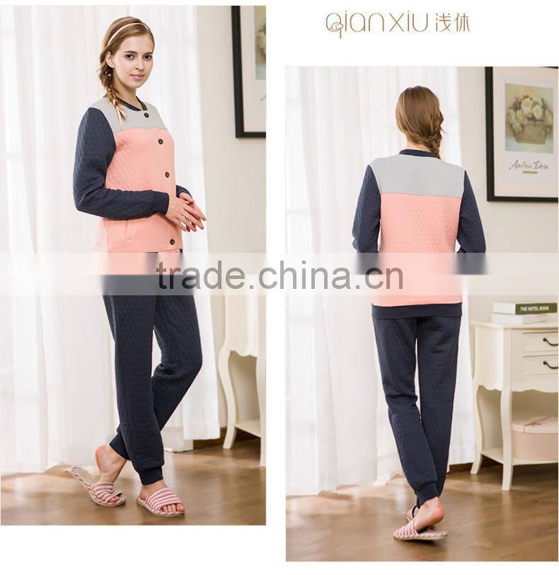 Super Grade Qianxiu Wholesale Long Sleeve Couples Home Suit Buttons Down Women Thermal Pajamas