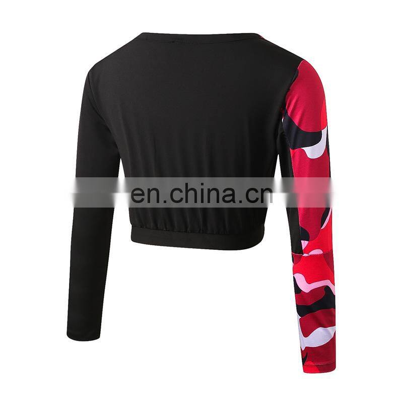 Hot sexy fashion design camo print quick dry long sleeves gym wear t-shirt women