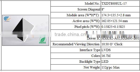 8 inch 40pin 300 cd/m2 lcd screen HX8282-A02;HX8695-B01
