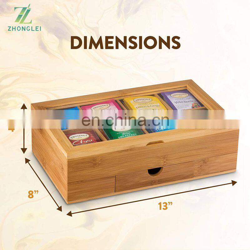 Premium Bamboo Tea Box Organizer Wood Tea Chest with Slide-Out Drawer Acrylic Window Magnet Lid Keeps Teabag Fresh
