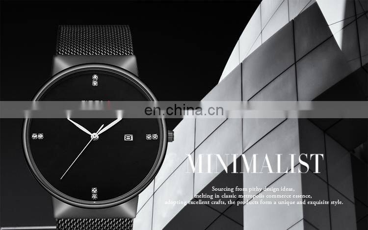 SINOBI Men's Watch Luxury Calendar Date Display Dazzling Diamond Index Dial Steel Milanese Mesh Band S9685G Relogio Masculino