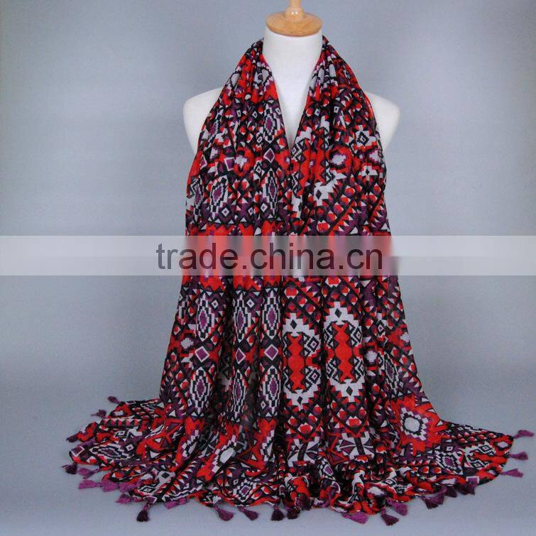 New Style Tassel Geometry Printed Cotton Voile Scarf