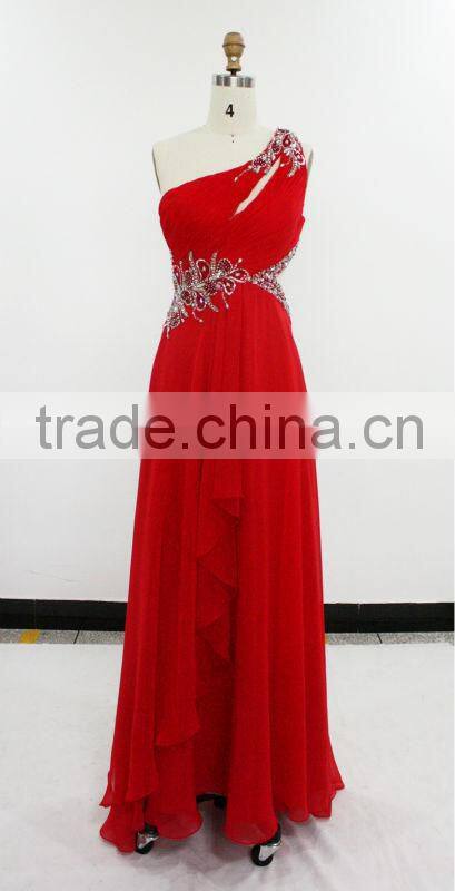 Unique Slit Chest Hollow Out Waist Design Red Chiffon Floral Evening Dress