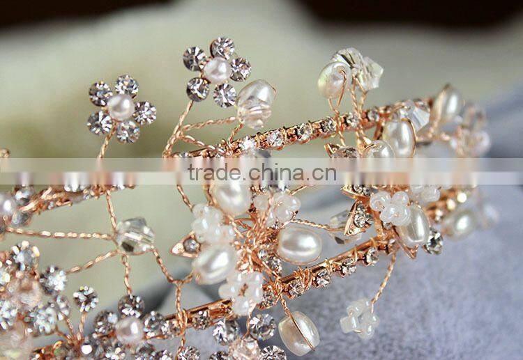 2015 Hot Sale Handmade Rhinestone Golden Flower Hair Band Hair Accessories for Women