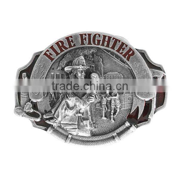 A Scene Of Firemen Rescuing People From A Fire With The Words "Fire Fighter" At The Top Pewter And Enamel Belt Buckle