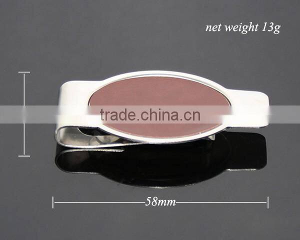 Promotional Oval Shaped Stainless Steel Metal Brown Leather Money Clip