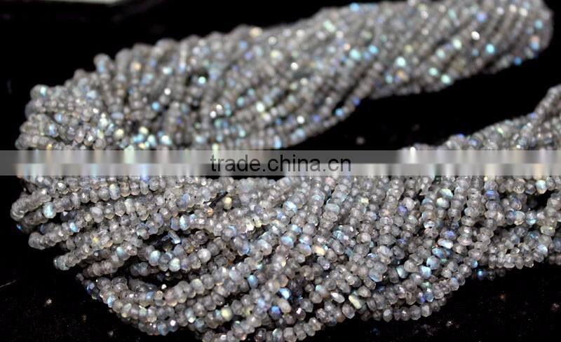 HANDMADE NATURAL BLUE FIRE LABRADORITE 3-4MM RONDELLE FACETED LOOSE BEADS STRAND