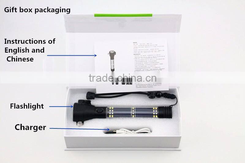 Gift Box-2016 NewTen functions in One Flashlight,Solar LED Torch With Hammer Campus USB Android Output Car Essential Emmergency