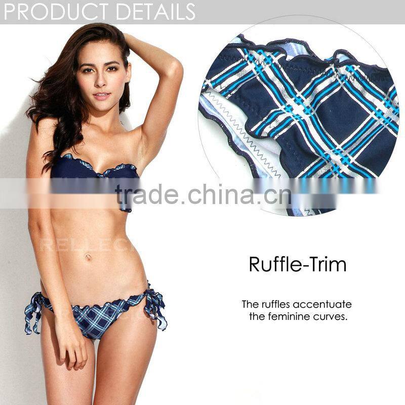 RELLECIGA 2016 Kaleidoscope Collection - Navy Blue Plaid Silver Foil+ Ruffle-trim Bandeau Bikini Set with Front Bow & Brazilian