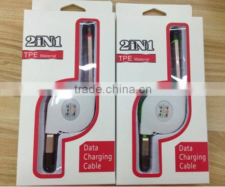 2016 high quality metal 2 in 1 retractable usb cable