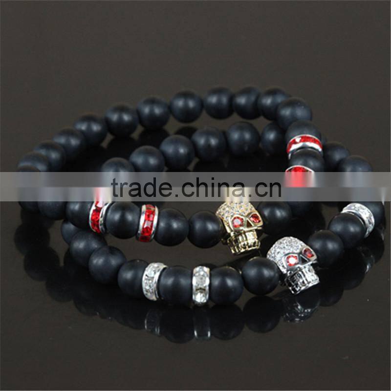 kjl-cst5 New design charm gold/silver skull head men bracelet natural 8mm matte grind stone beads women bracelet as a gift