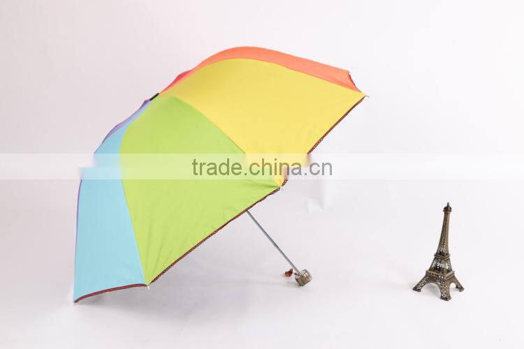 3 fold black gel coated colorful lady Parasol Umbrella, pagoda rainbow umbrella
